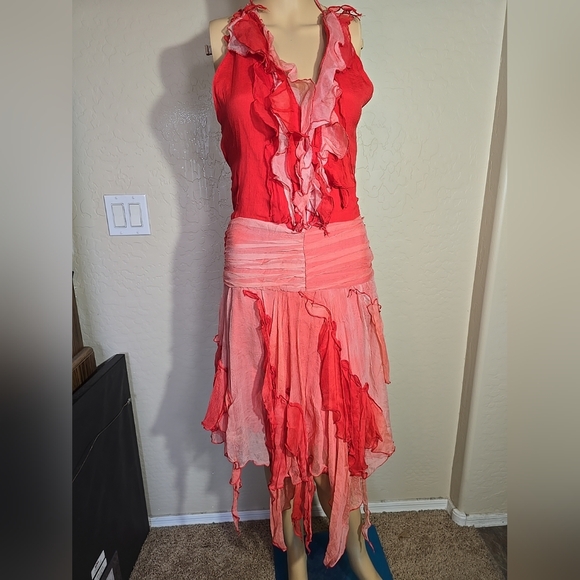 bebe Dresses & Skirts - Vintage Rare Bebe 100% Silk Ruffled Red & Pink Sleeveless Dress Size S
